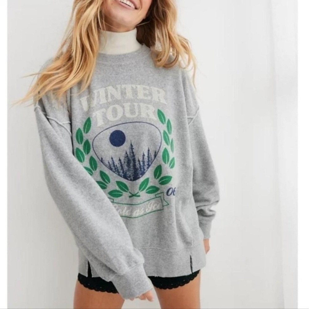 AERIE New The Chill Cozy Sweathsirt Winter Tour Ski Oversized Pullover SZ Small